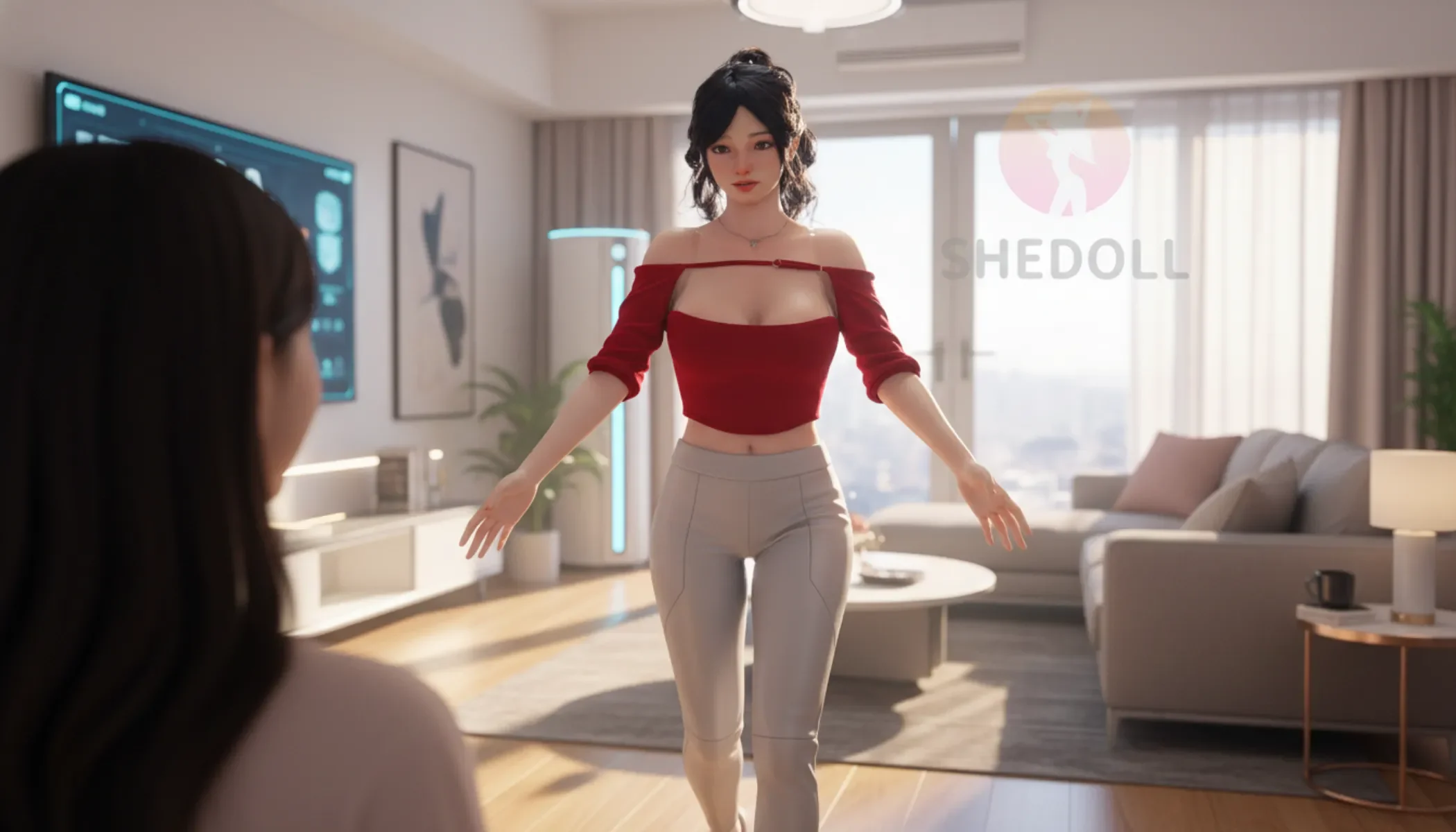 コンパニオンロボットの究極の形:彼女は、微細な毛穴と体温を持つ、極めてリアルな医療グレードのシリコン製のボディと、複雑な微表情を持つ機械的な頭部を備え、あなたの目をじっと見つめ、口パクで話すことができる。