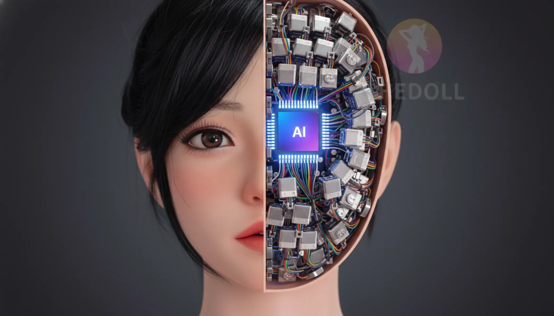 シリコン素材に大規模言語モデル(LLM)と視覚言語モデル(VLM)を統合した、洗練された頭部造形。