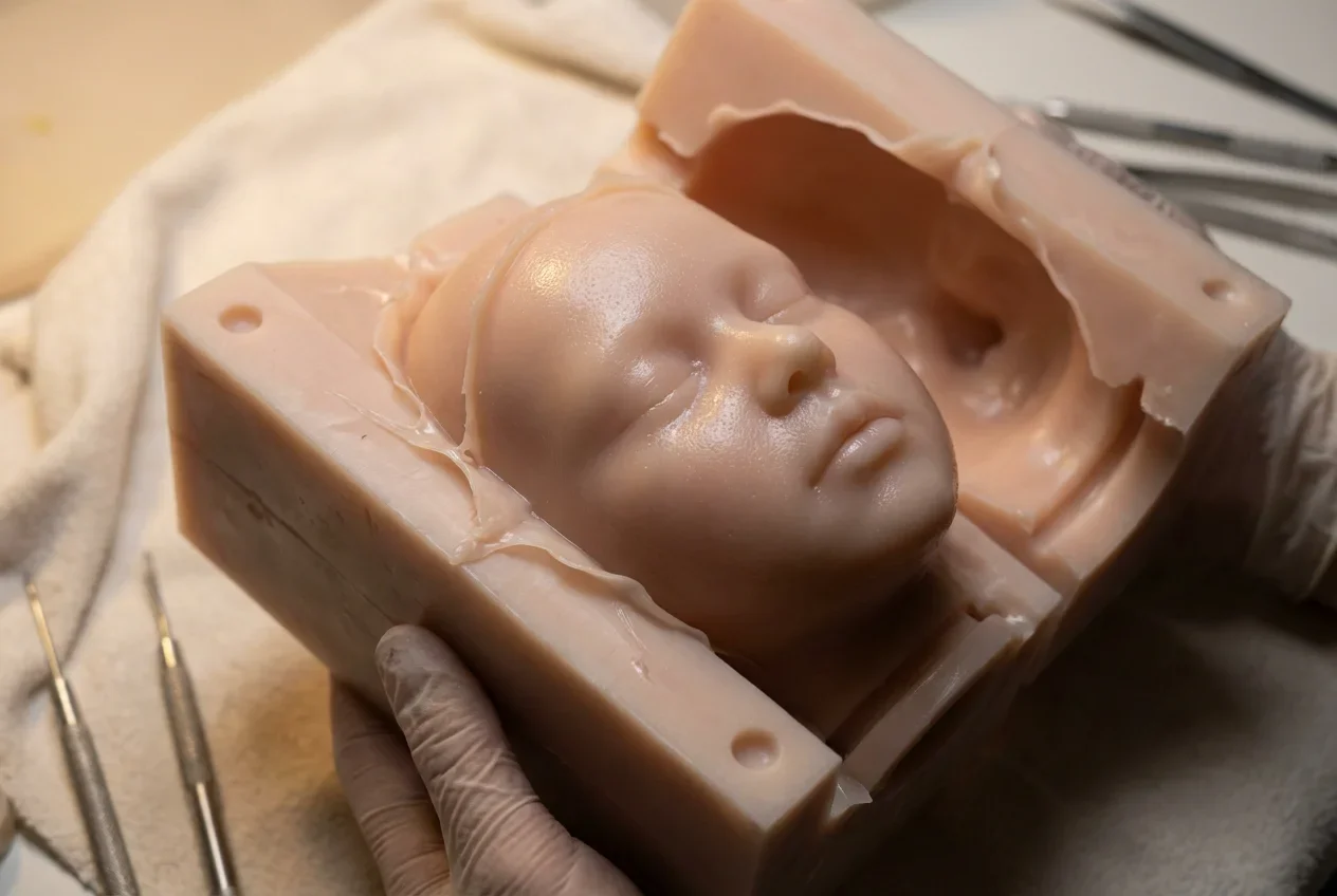 The newly opened mold displays the freshly cured silicone doll head. The surface has a slight sheen, and the texture is incredibly soft and realistic, like human skin. There is some excess frizz at the edges that needs trimming.