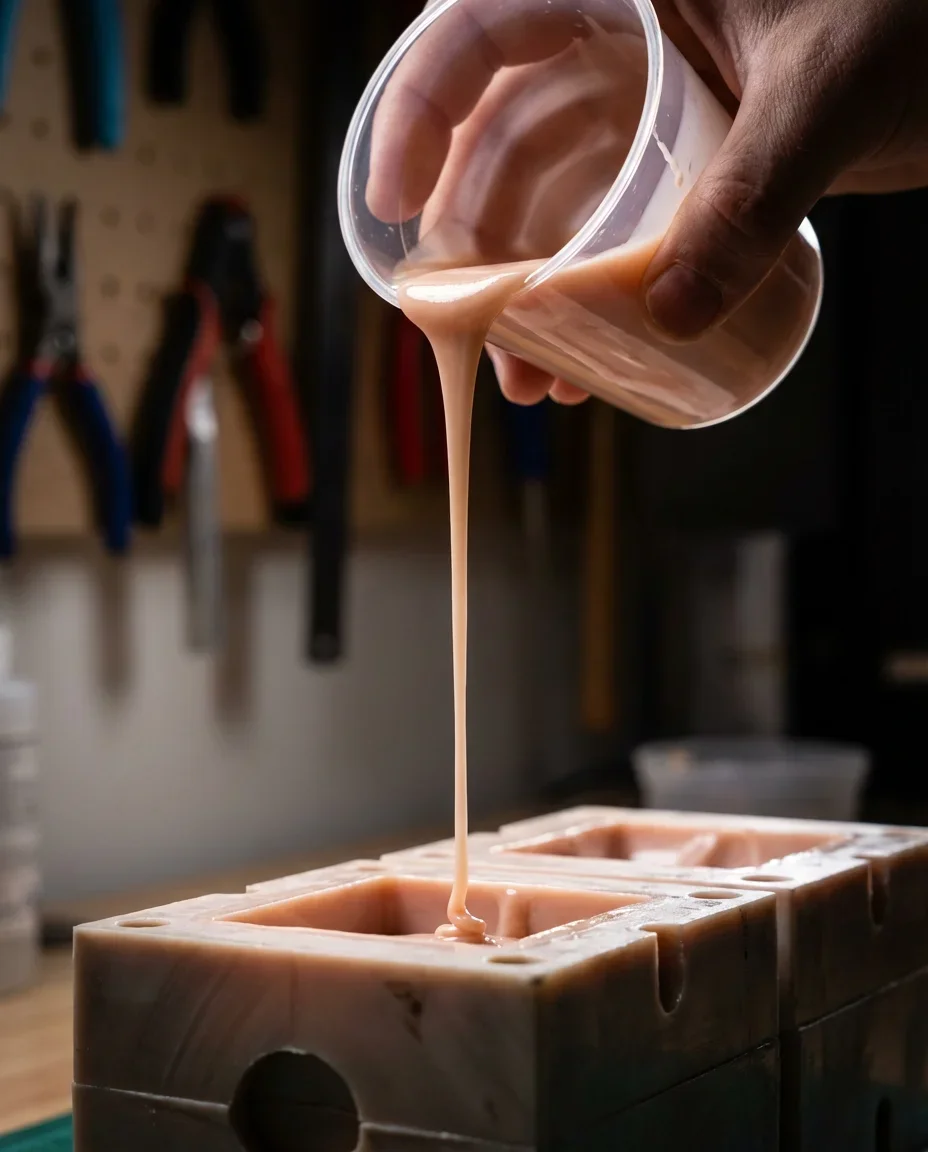 Close-up shot. A hand holds a measuring cup high, pouring translucent, flesh-colored liquid silicone in extremely fine lines (like thin strings) into the mold hole below. Capturing the texture of the liquid stretching, light passing through it.