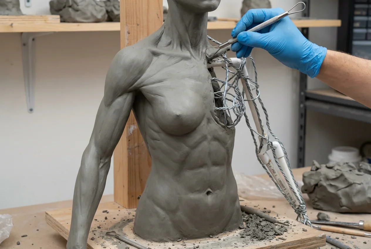 A clay doll under construction. Part of the body has already been sculpted with gray clay to create muscle lines, while the arms reveal the underlying metal or PVC skeleton. The artist's hand (wearing gloves) is using tools to refine the details of the collarbone.